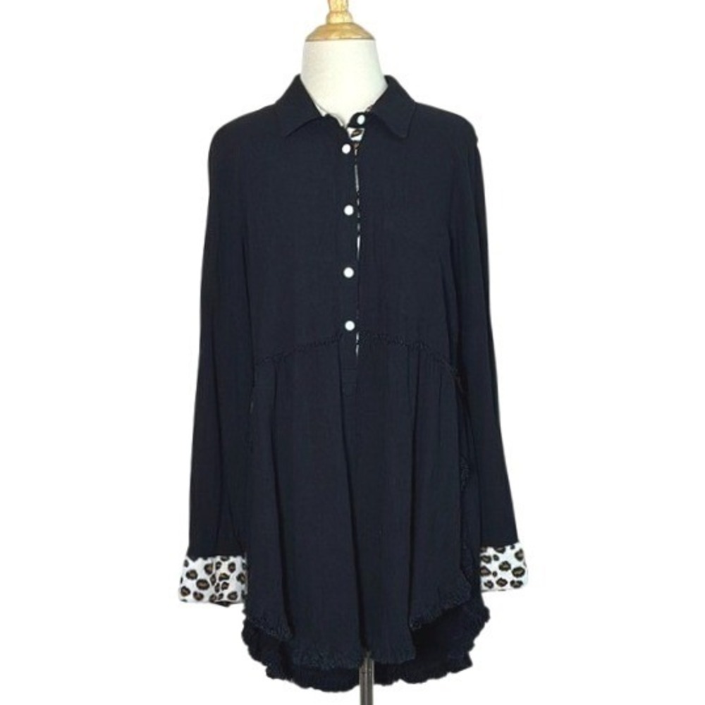 UMGEE Women Small Black Linen Cotton Roll Tab Sleeve Boho Tunic Dress USA